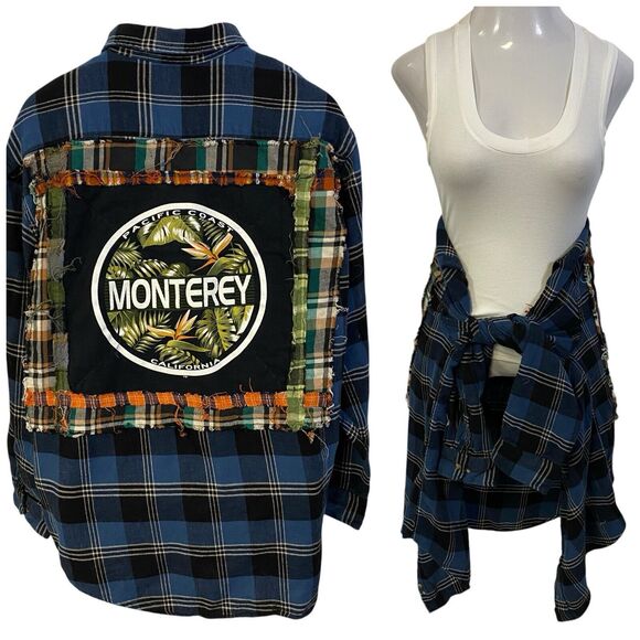 Upcycled Flannel Shirt Mens XL Beach California Blue Grunge Shacket Concert